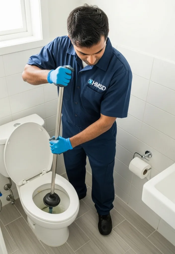 Handyman clearing a clogged toilet in a Dubai home using a plunger and drain snake, removing blockage to restore smooth and hygienic flushing.