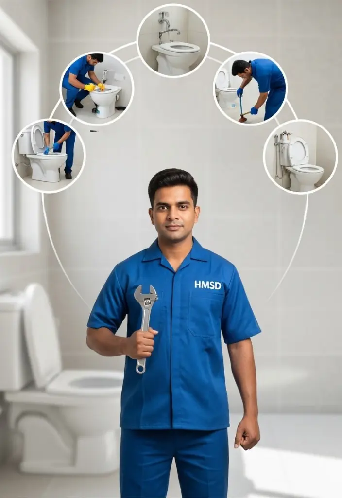 Handyman showcasing different toilet repair services in a Dubai bathroom, including flush tank fixing, leak sealing, seat replacement, and blockage removal.