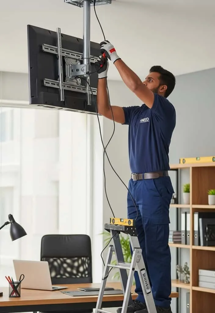Handyman installing a ceiling-mounted TV in a modern Dubai interior