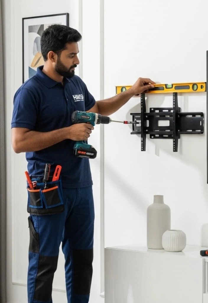 Handyman installing a decorative TV frame around a wall-mounted screen in a Dubai home