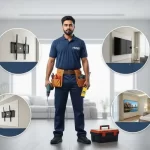 Handyman showing a wide range of TV installation services in a Dubai interior setting