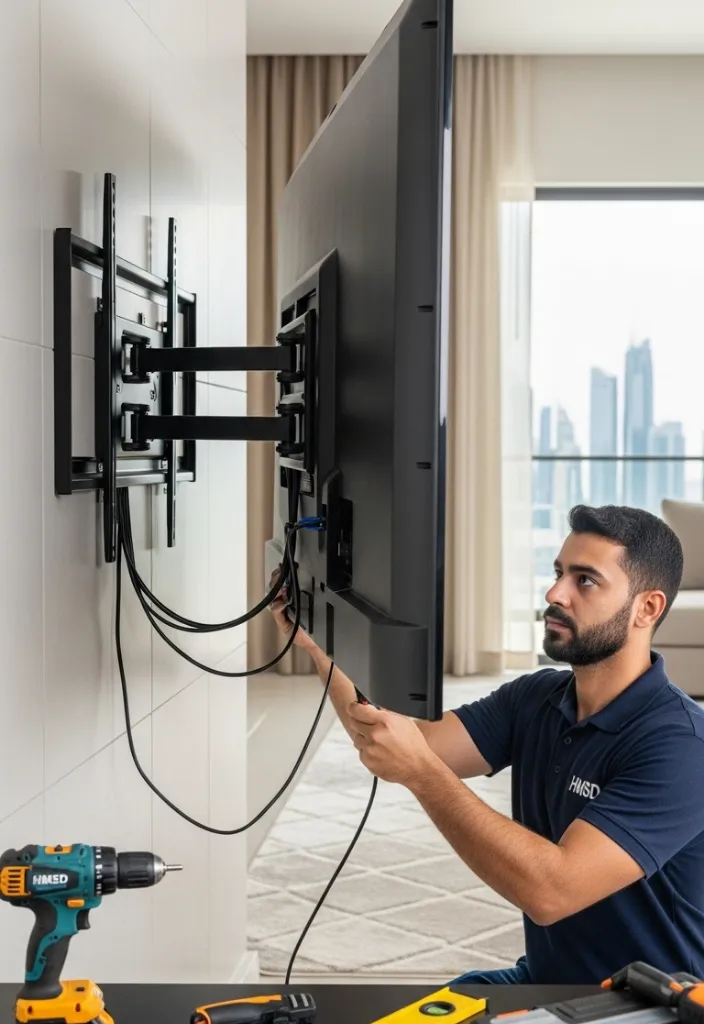 Handyman precisely mounting a flat-screen TV on the wall in a Dubai home