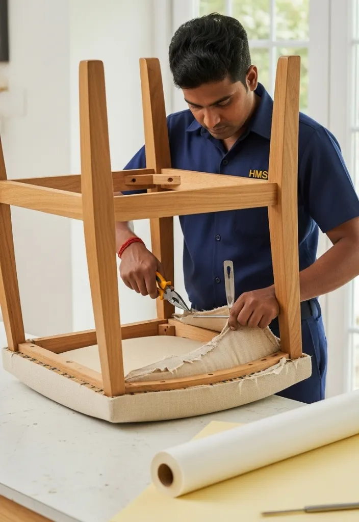 An Indian handyman repairing chair upholstery at home using a staple gun in Dubai.