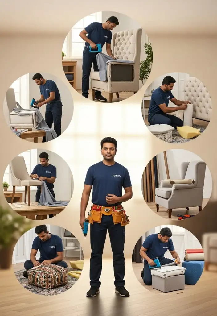 An Indian handyman in an HMSD uniform performing multiple upholstery repair tasks on chairs and sofas in a modern Dubai home.