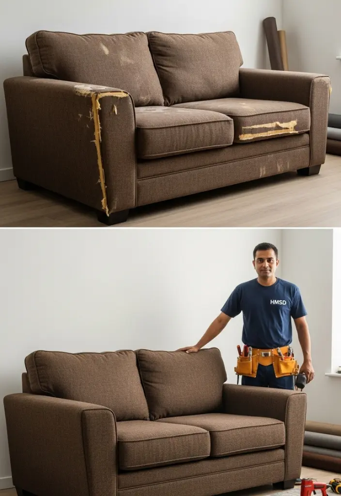 An Indian handyman repairing ottoman upholstery, showing clear before-and-after fabric replacement during a Dubai home visit.