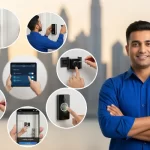 Handyman showcasing all types of video doorbell installation in Dubai, including wired, wireless, smart Wi-Fi, and two-way audio models.