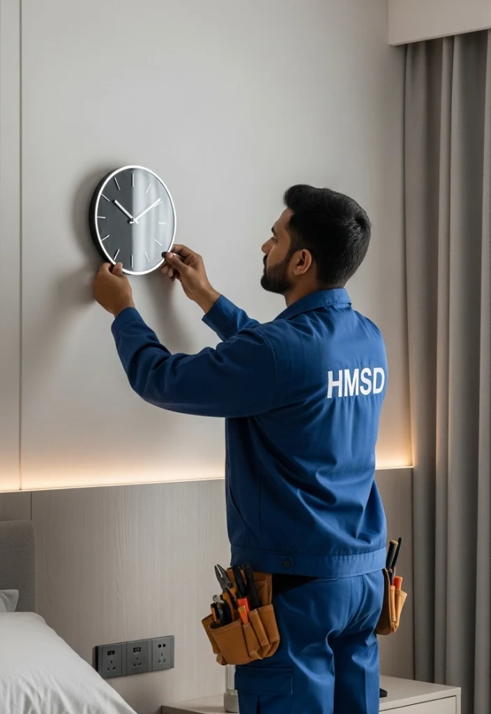 Handyman installing a wall clock above the bed in a Dubai bedroom