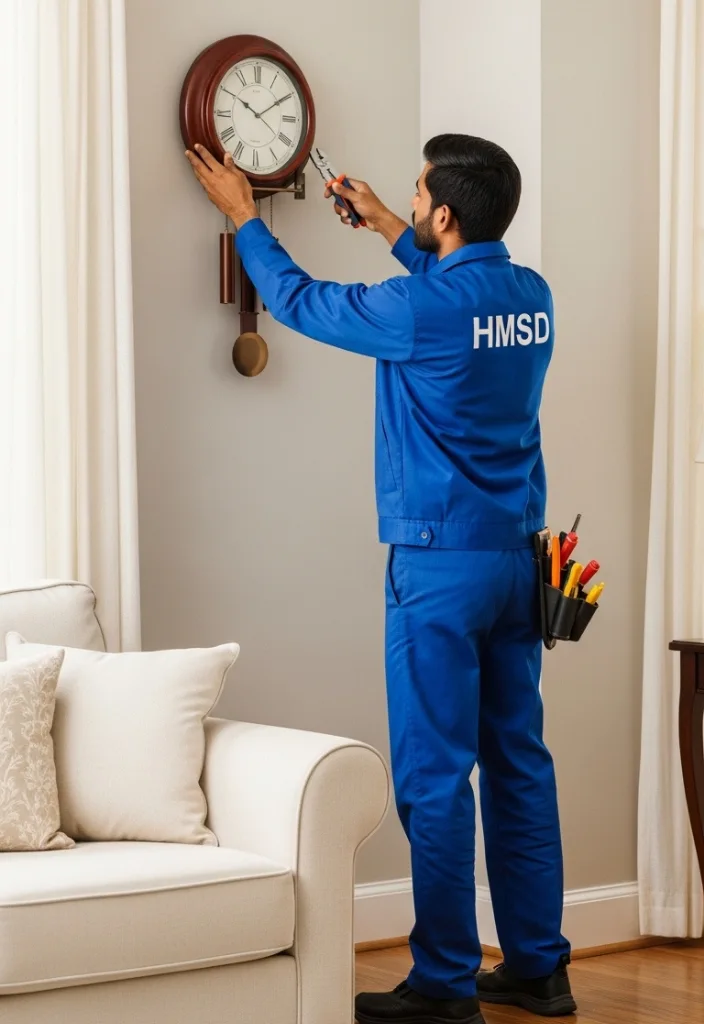 Handyman installing a wall clock in the living room of a Dubai home