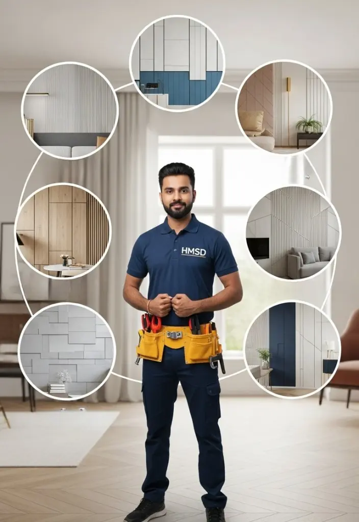 Handyman showcasing all types of wall paneling services in Dubai.