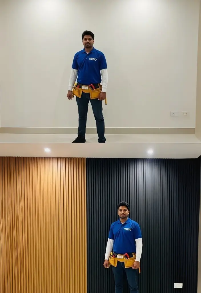 Before and after view of wall paneling installation in a Dubai home, showing transformation from plain wall to elegant decorative PVC panel design.