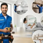Handyman displaying a range of wall shelf installations in a Dubai home, including wooden, glass, floating, and corner shelves fitted in various rooms.