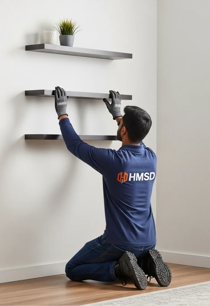 Handyman professionally installing wall-mounted shelves in a Dubai home using a drill and level to ensure clean alignment and secure fixture.