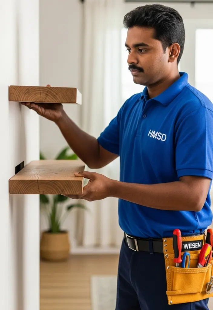 Handyman installing wooden shelves on a wall in a Dubai home using a drill and level, ensuring strong support and perfect alignment for storage or décor.