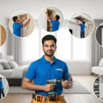 Handyman standing with a tool in hand, surrounded by 7 circles showing various wardrobe installation services like sliding, built-in, loft, and custom wardrobe fittings in Dubai.
