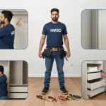 Handyman presenting various types of wardrobe repairs, showcasing expertise in fixing doors, hinges, and alignment for HMSD Handyman Services Dubai.