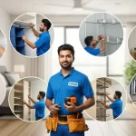 Handyman standing with circular icons around him, showcasing different types of shelves like adjustable, pull-out, glass, and custom shelving solutions in Dubai.