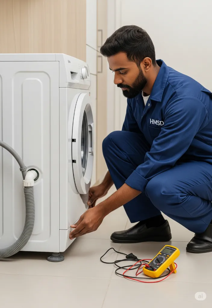 Plumber fitting a washing machine by connecting water inlet and drain hoses during appliance installation in a modern Dubai home.