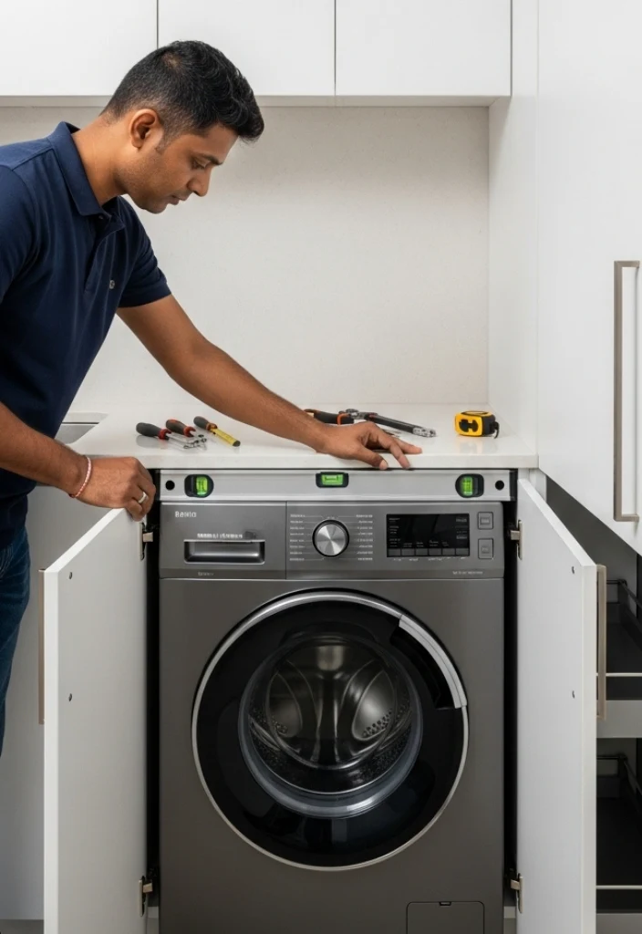 Plumber carefully placing a washing machine into a built-in cabinet space, aligning connections and fittings during installation in a Dubai home.