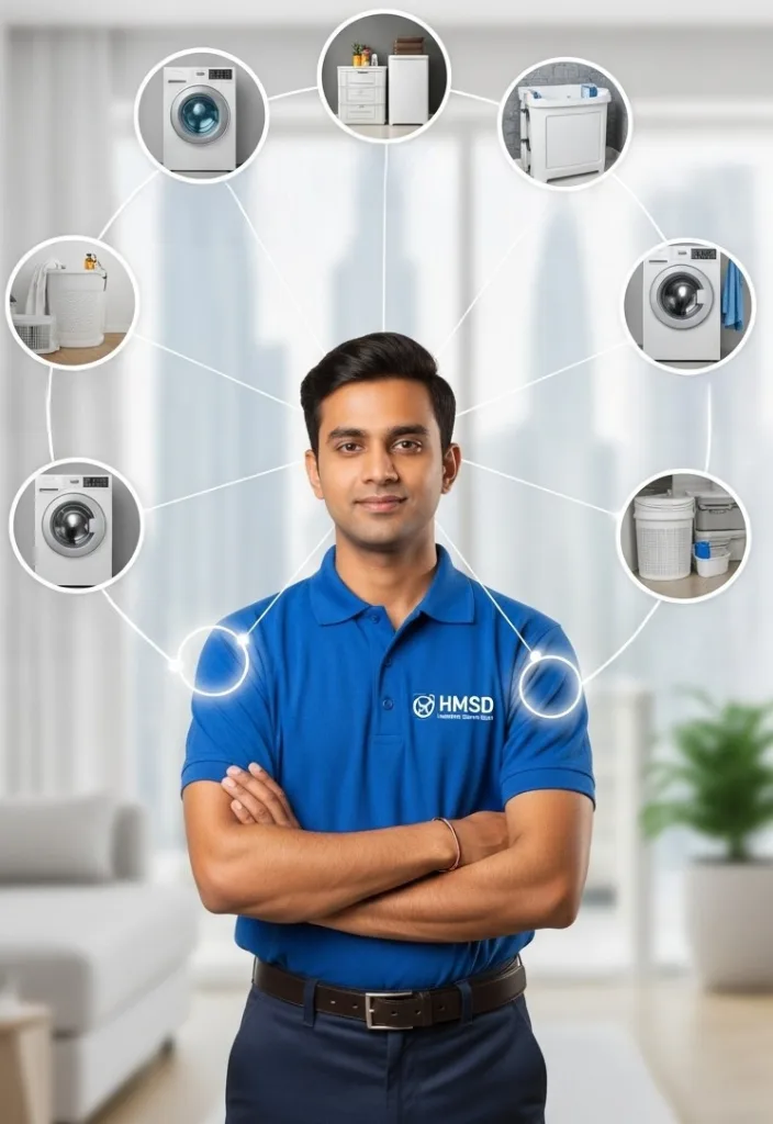Plumber standing with tools, displaying washing machine installation services such as water inlet connection, drain pipe setup, and appliance positioning in a Dubai home.