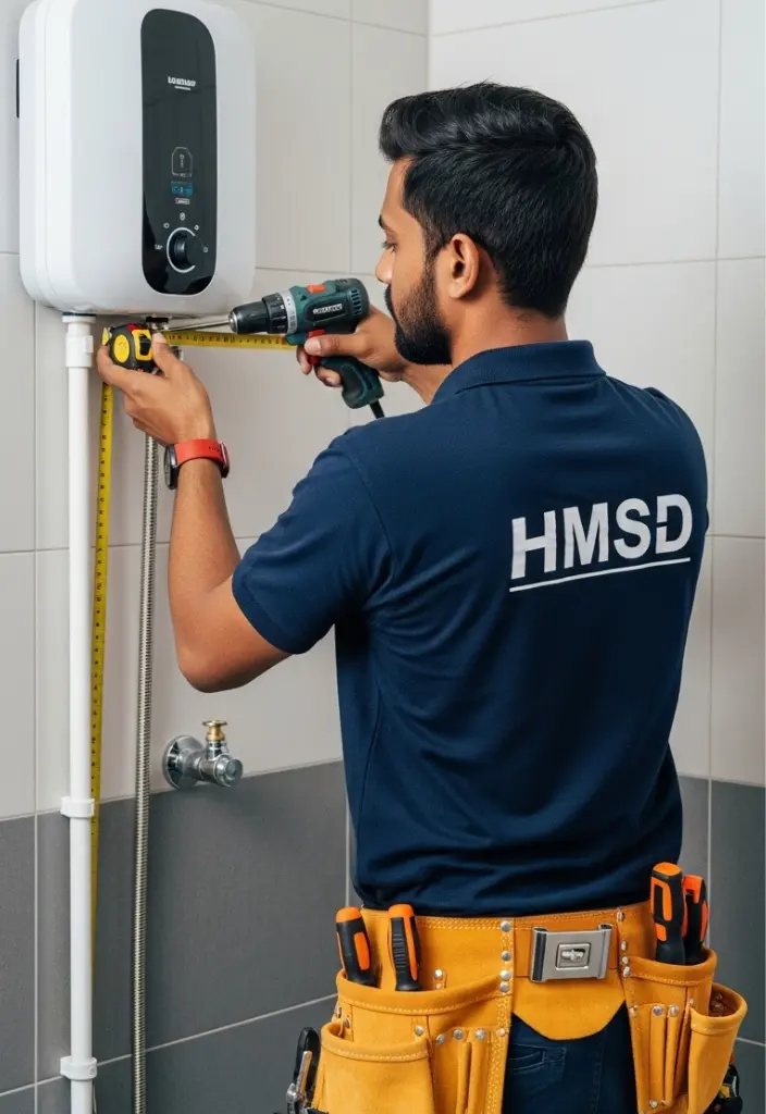 Indian handyman using drill and tape to install wall-mounted instant water heater in a tiled Dubai bathroom.