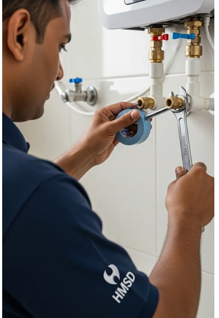 Close-up of HMSD handyman applying Teflon tape and tightening pipe connection for water heater in Dubai.