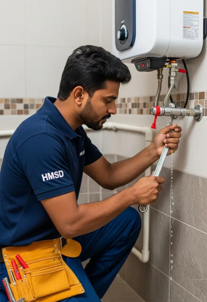 Indian handyman in HMSD uniform using a wrench to fix a leaking pipe under a wall-mounted electric water heater in a Dubai villa bathroom.