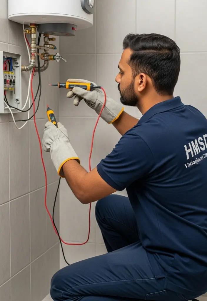 Indian HMSD handyman using electrical tester tools to check power connections of a wall-mounted water heater inside a Dubai villa bathroom.
