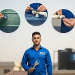 Handyman showcasing a wide variety of water tank repair services in Dubai, including leak sealing, crack repair, float valve replacement, pipe fitting, and outer surface restoration.