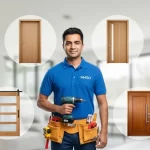 Carpenter installing flush, sliding, and French wooden doors, showcasing a variety of wooden door styles for homes and offices in Dubai