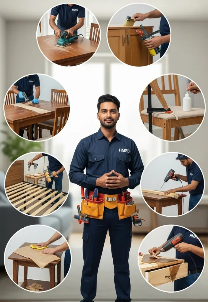 Carpenter in Dubai showcasing all types of wooden furniture restoration, including tables, chairs, cabinets, and beds with sanding, repair, and refinishing.