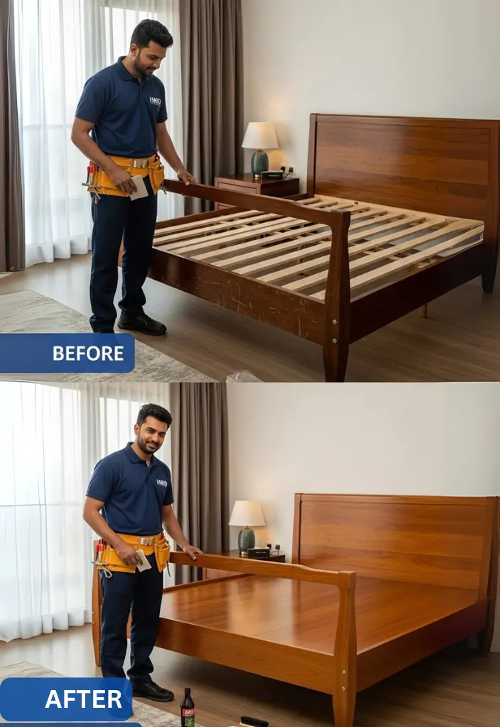 Before and after view of bedroom furniture restoration in Dubai.