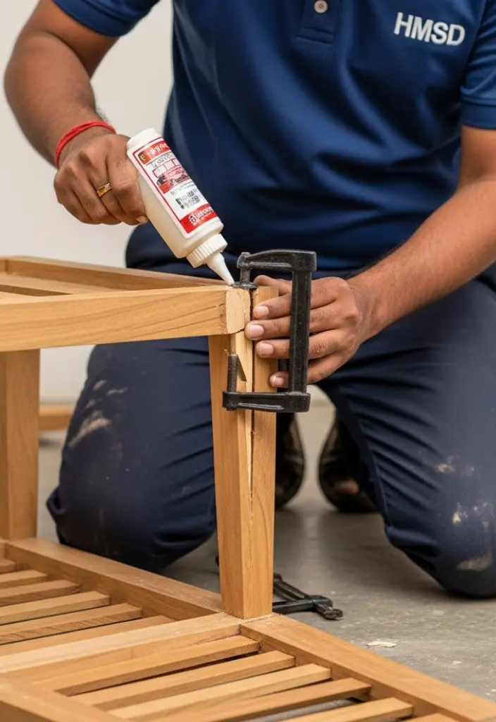 Carpenter repairing a damaged wooden chair in Dubai, restoring its frame and joints.
