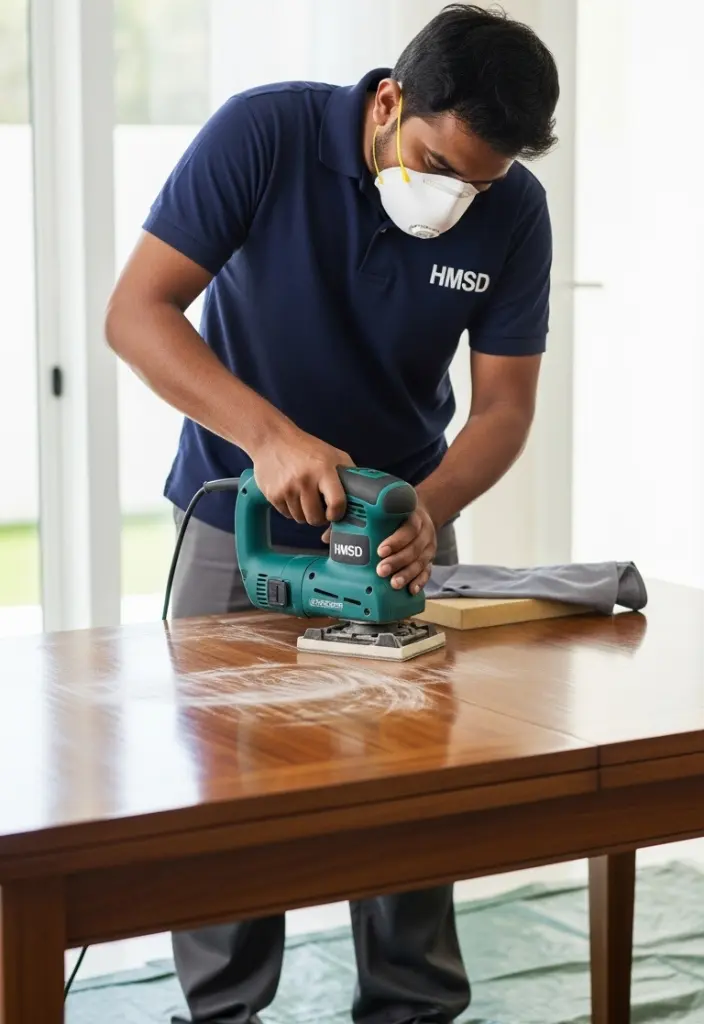 Handyman repairing a wooden table in a Dubai home.