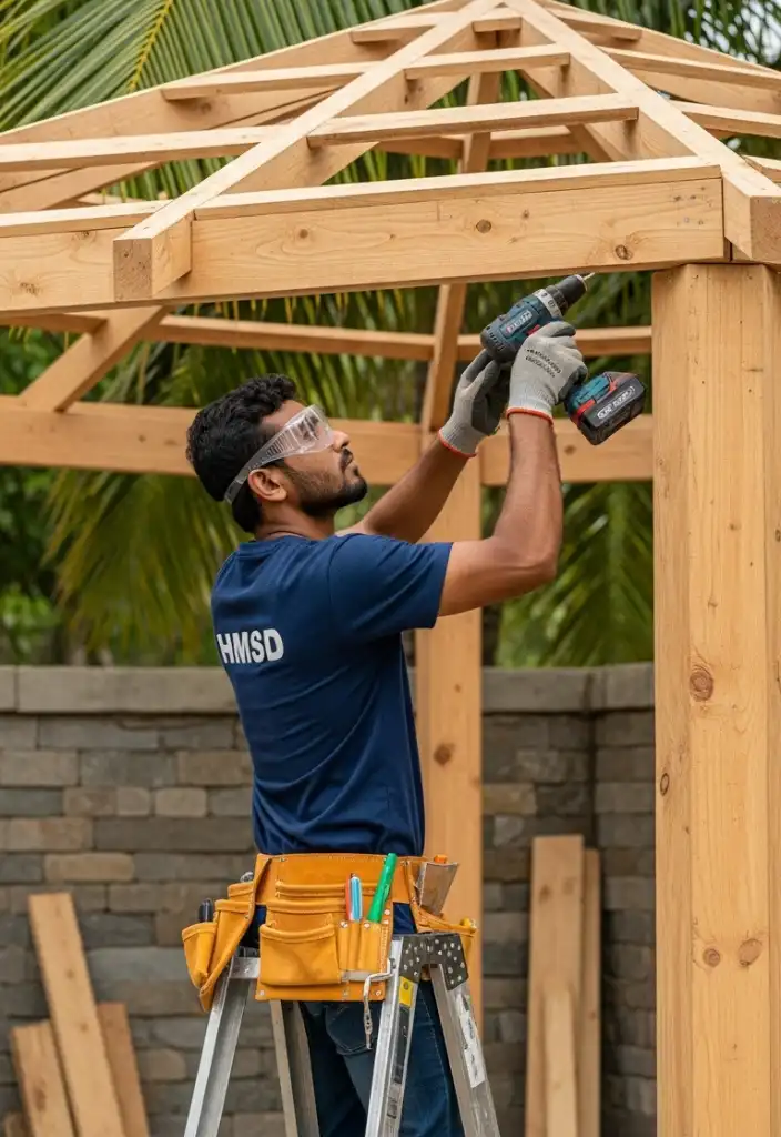 HMSD carpenter with safety goggles and gloves drilling into the wooden frame of a gazebo roof structure.